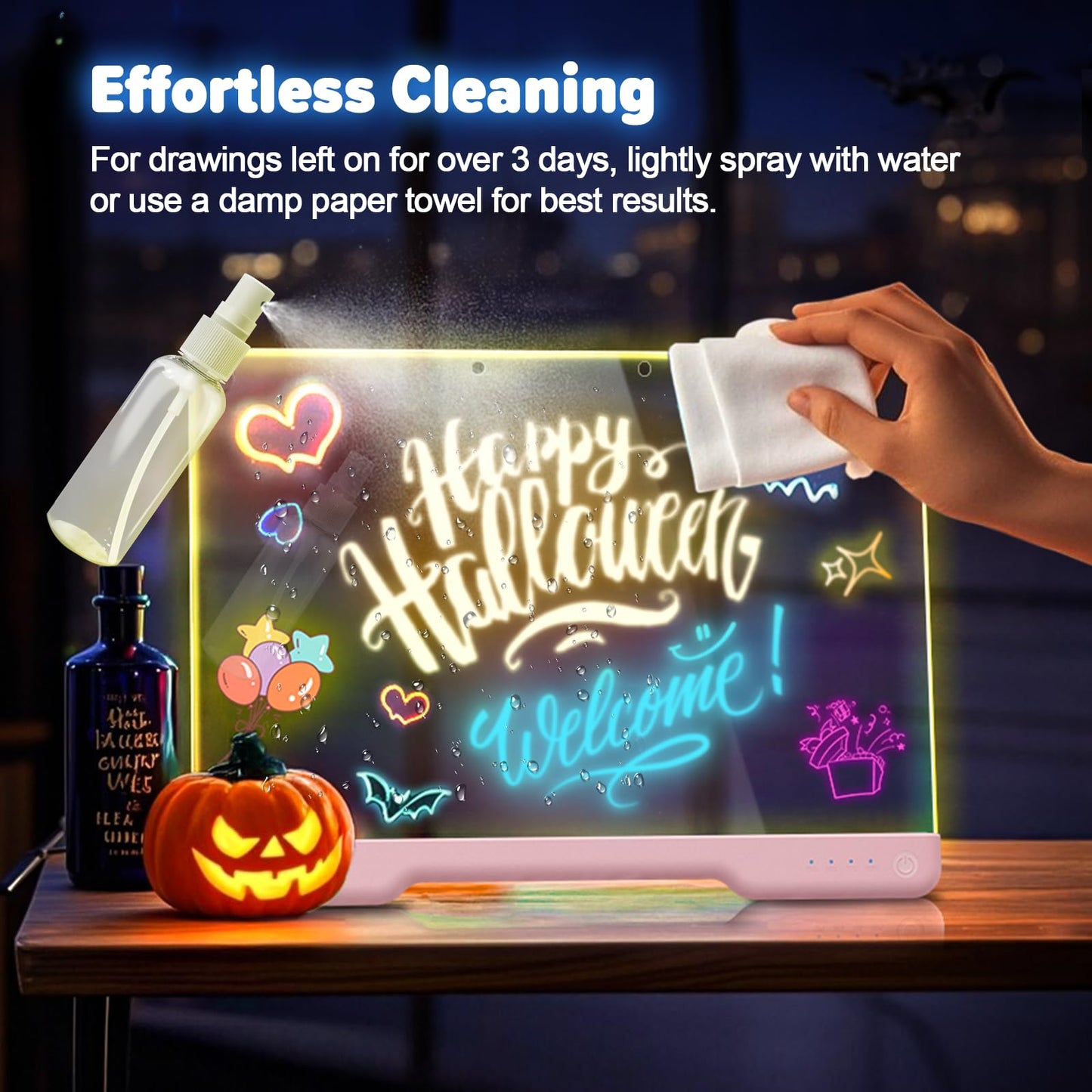 16-Inch Rechargeable Doodle Glow LED Note Board, 7-Color Light Modes, Neon Art Dry Erase Light Up Drawing Pad with Built-in Stan