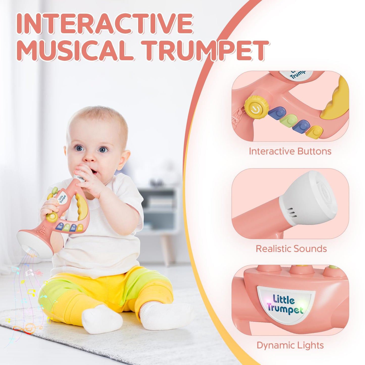 Contixo Kt2 Toddler Music Toys - Little Trumpet Toy,Baby Educational Toys, Kids Musical Instruments For Practice, Mini Trumpet With Light Effects, Adjustable Volume, Multiple Rhythms, Pink