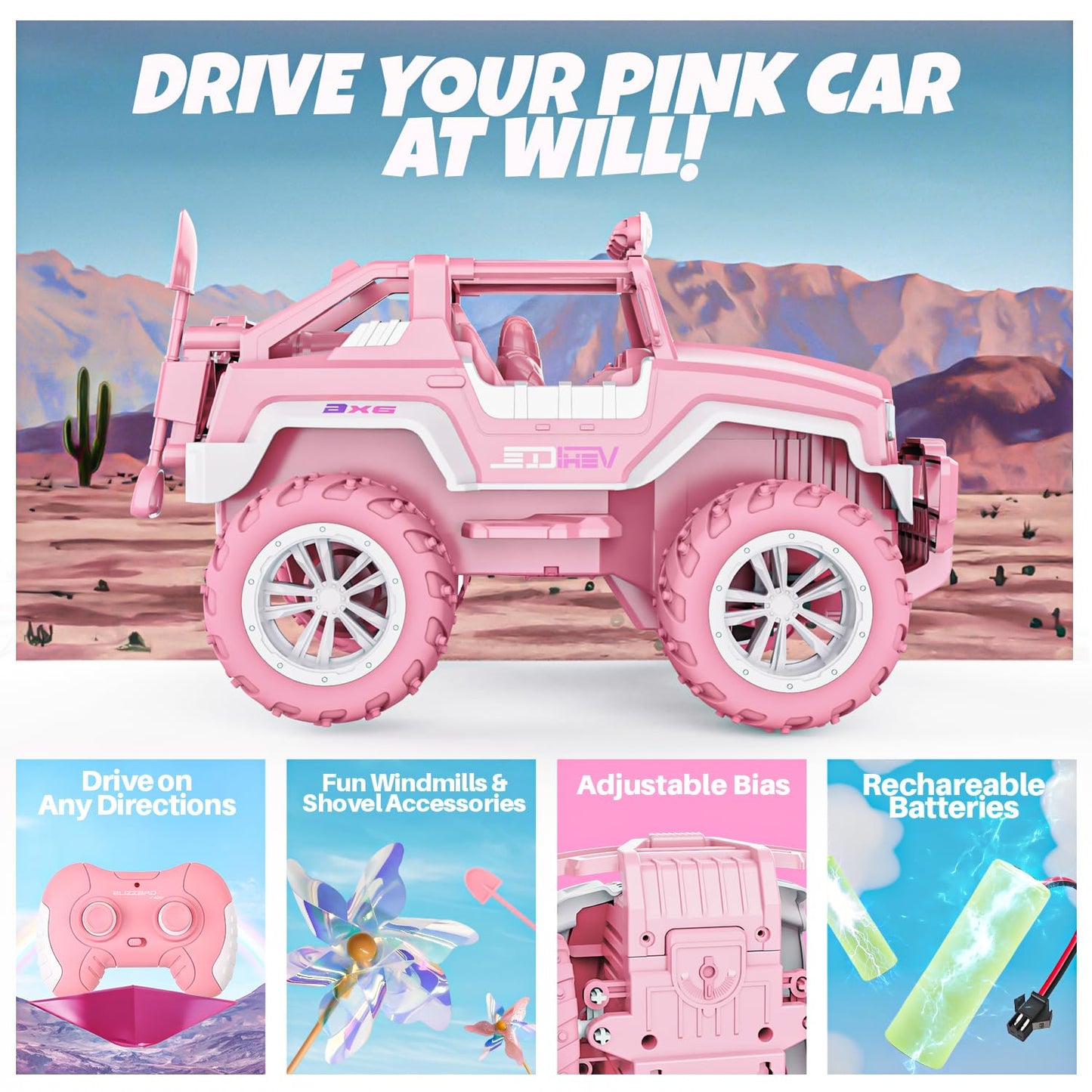 Bezgar Remote Control Car For Girls - 1:16 Pink Rc Cars With 4 Windmills, 2.4Ghz With Led Lights, 80 Mins Play With Rechargeable