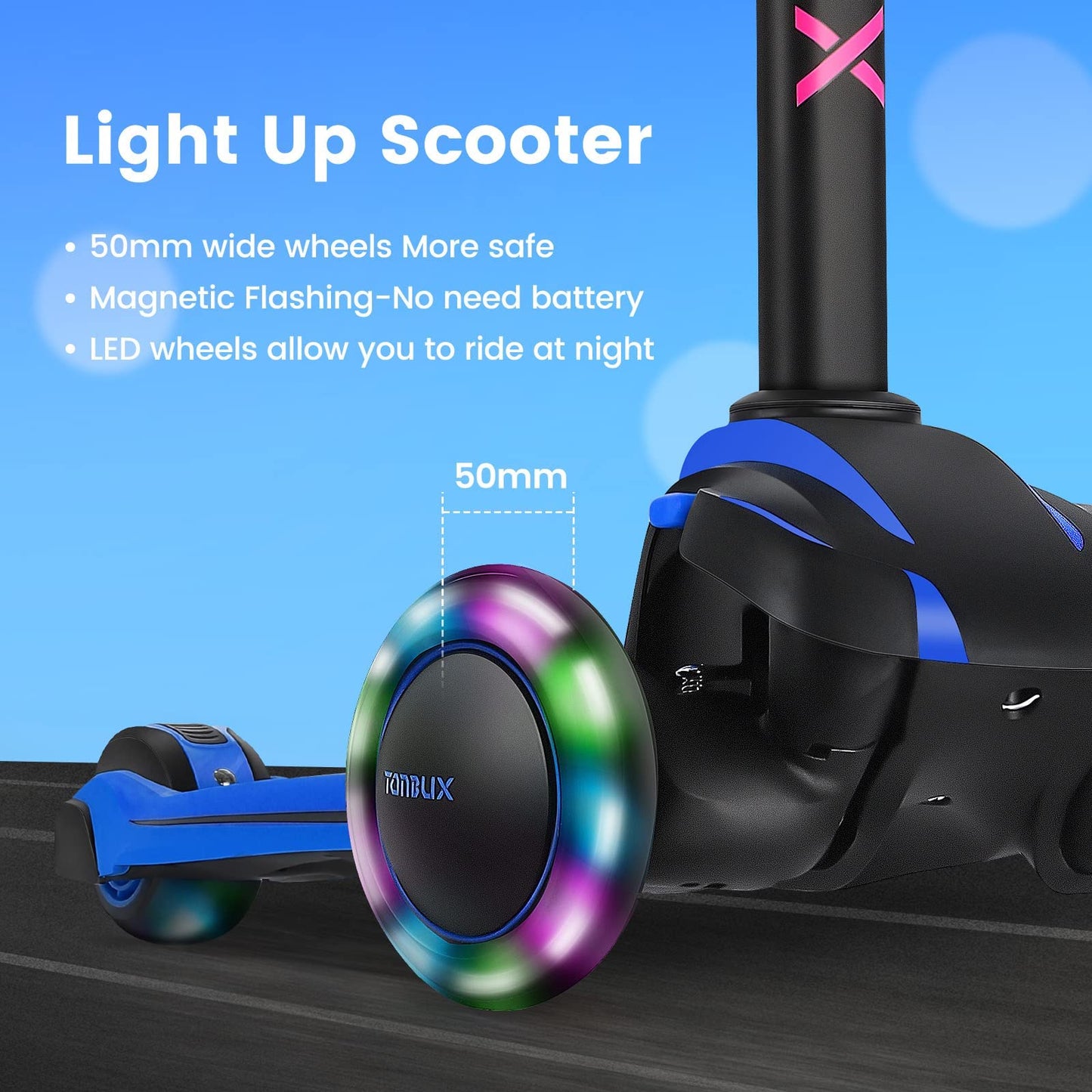 Tonbux Kids Scooter For Age 3-12, Toddler Scooter With 4 Adjustable Heights, Light Up 3-Wheels Scooter, Shock Absorption Design, Lean To Steer, Balance Training Scooter For Kids - Blue
