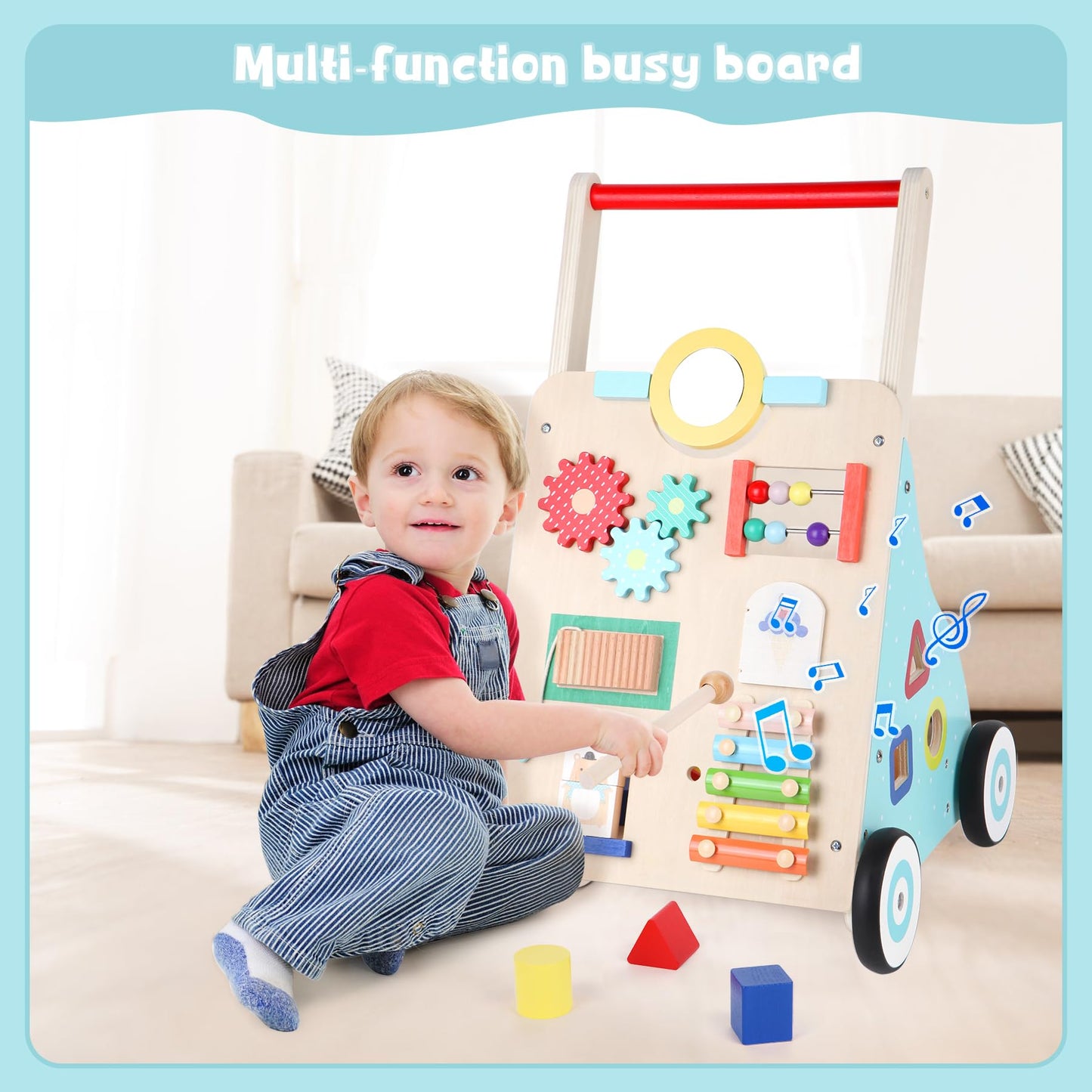 Asweets Wooden Baby Walker - Push & Pull Activity Toy, Medium Size, Color, Develops Motor Skills & Stimulates Creativity