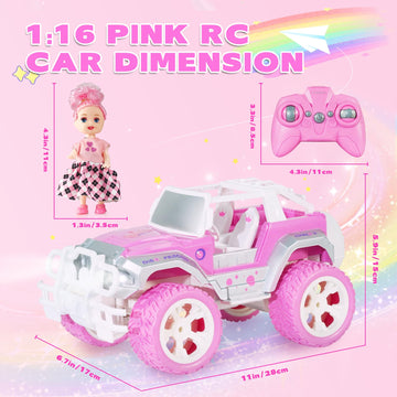 Pink Cars 1:16 Scale RC Jeep with Doll - Remote Control Car for Girls | 80-Minute Playtime | 2.4GHz All-Terrain Truck for 4-5 6-