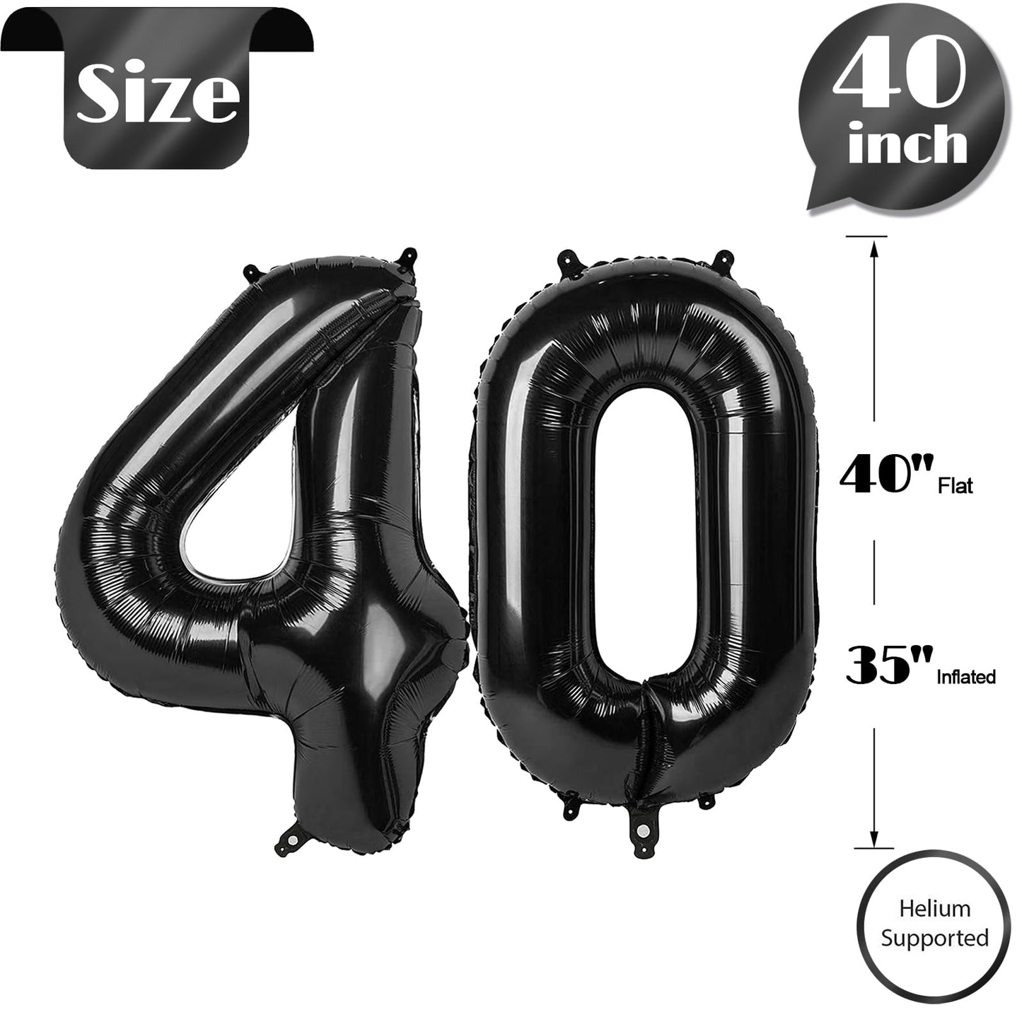 IWERP Black Mylar Foil Number 40 Balloons, 40 Inch for 40th Birthday and Anniversary Decorations