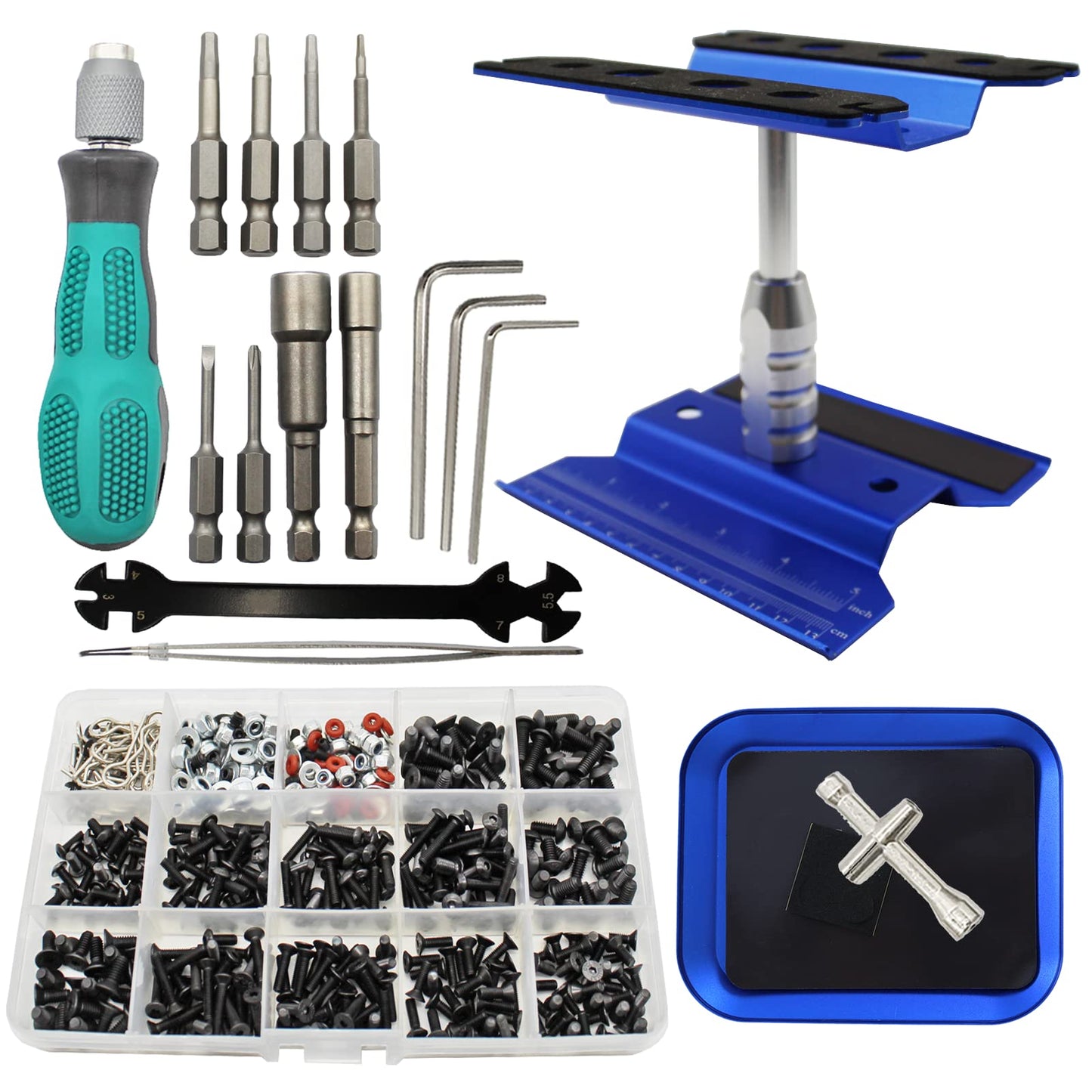 RC Car Repair Work Stand Repair Tool Set 360 Degree Rotation and 523 PCS RC Screws Kit & RC Screwdrivers and Screws Pallet Kit f