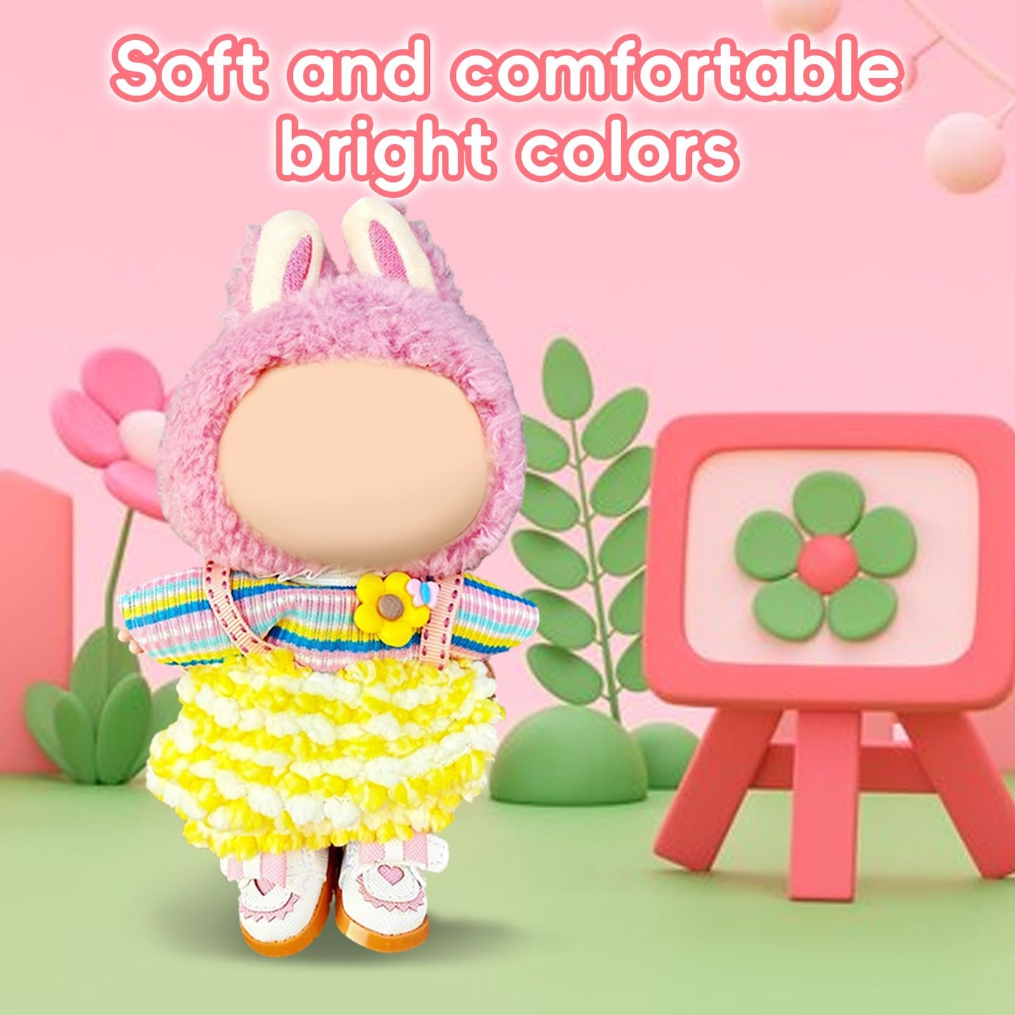 17cm Doll Clothes Labubu Clothes for 6.7inch(17cm) Dolls enhanced Doll Outfit with Hat and Accessories(Clothes Only) (Pink Yellow)