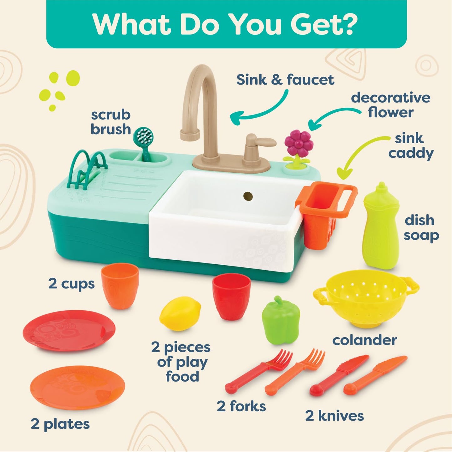 B. toys- Splash-n-Scrub Sink- Pretend Play Color Changing Playset - Toy Kitchen Sink - Faucet & Running Water, Dishes, Play Food