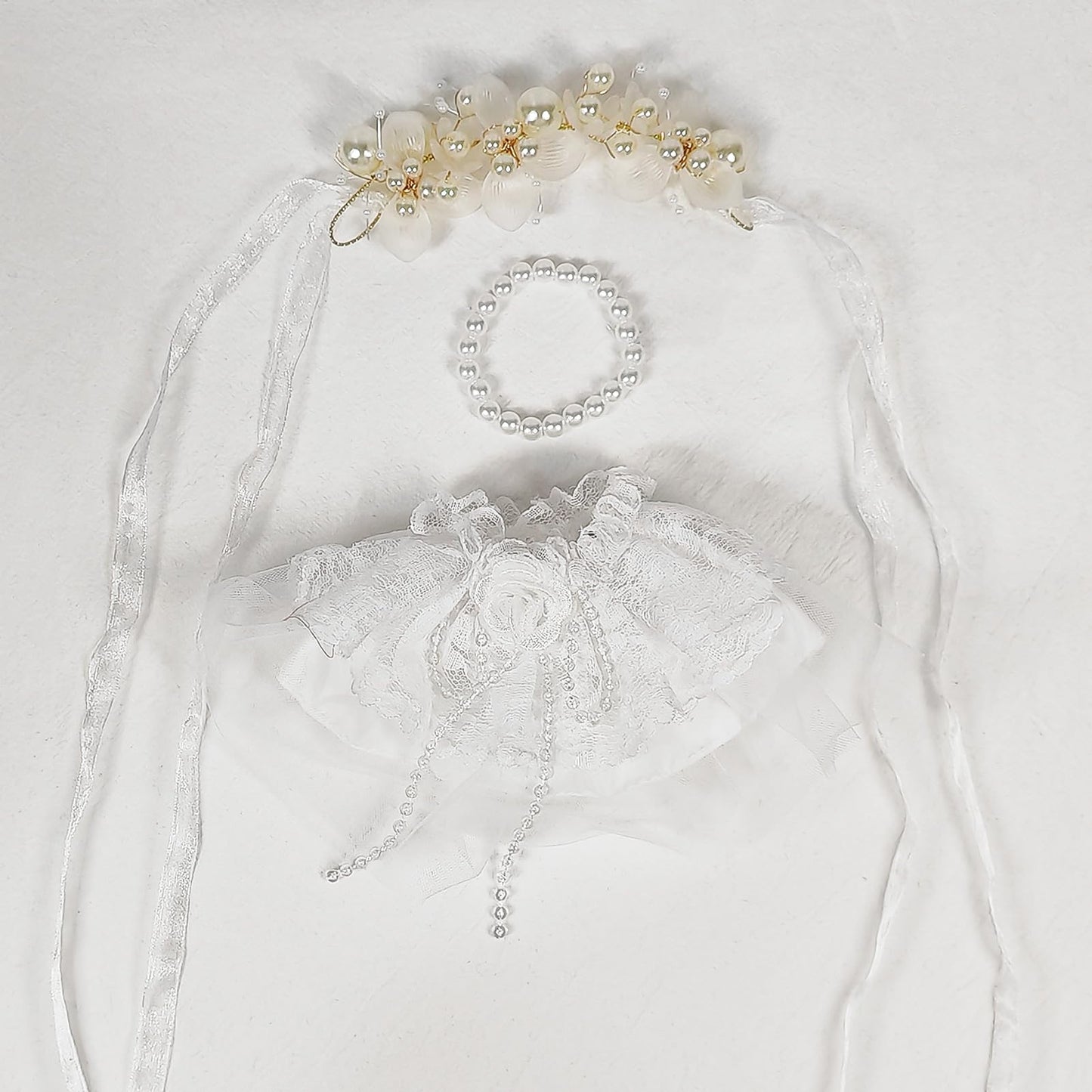 Doll Clothes - Wedding Bliss Gown Set for 17cm LBB Including a White Veil Pearl Necklace Floral Wedding Dress and Pearl-Adorned Headdress - Doll Not Included