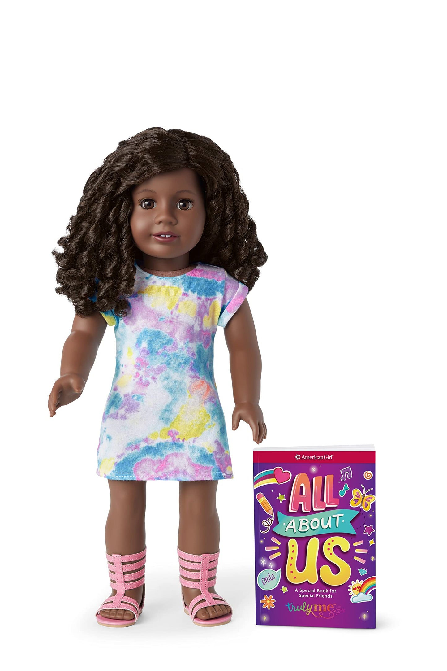 American Girl Truly Me 18-Inch Doll 106 With Brown Eyes, Curly Black-Brown Hair, Very Deep Skin With Neutral Undertones, Tie Dye T-Shirt Dress