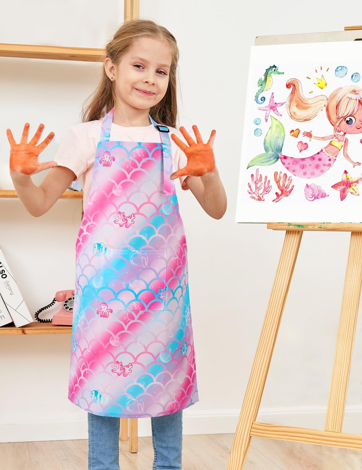 Wernnsai 2 Pack Mermaid Toddler Aprons - Rainbow Kids Art Aprons For Girls Toddler Paint Art Smock Waterproof Cooking Baking Painting Gardening Artist Chef Apron For Kids Age 2-5 Years