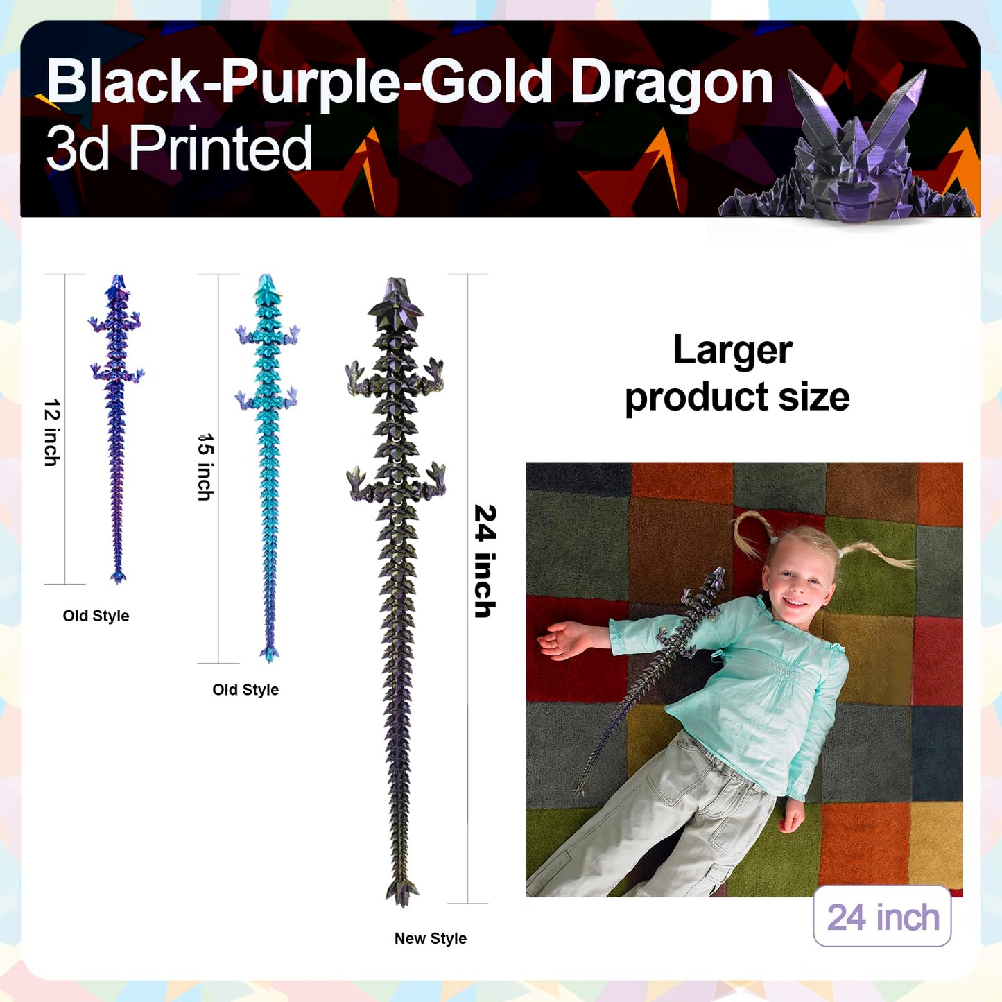 Meet Gladness 24 In 3D Printed Dragon, 24Inch Dragon,3D Dragon Toy,Large Dragon Present,Ariculated Crystal Dragon(Black Purple G