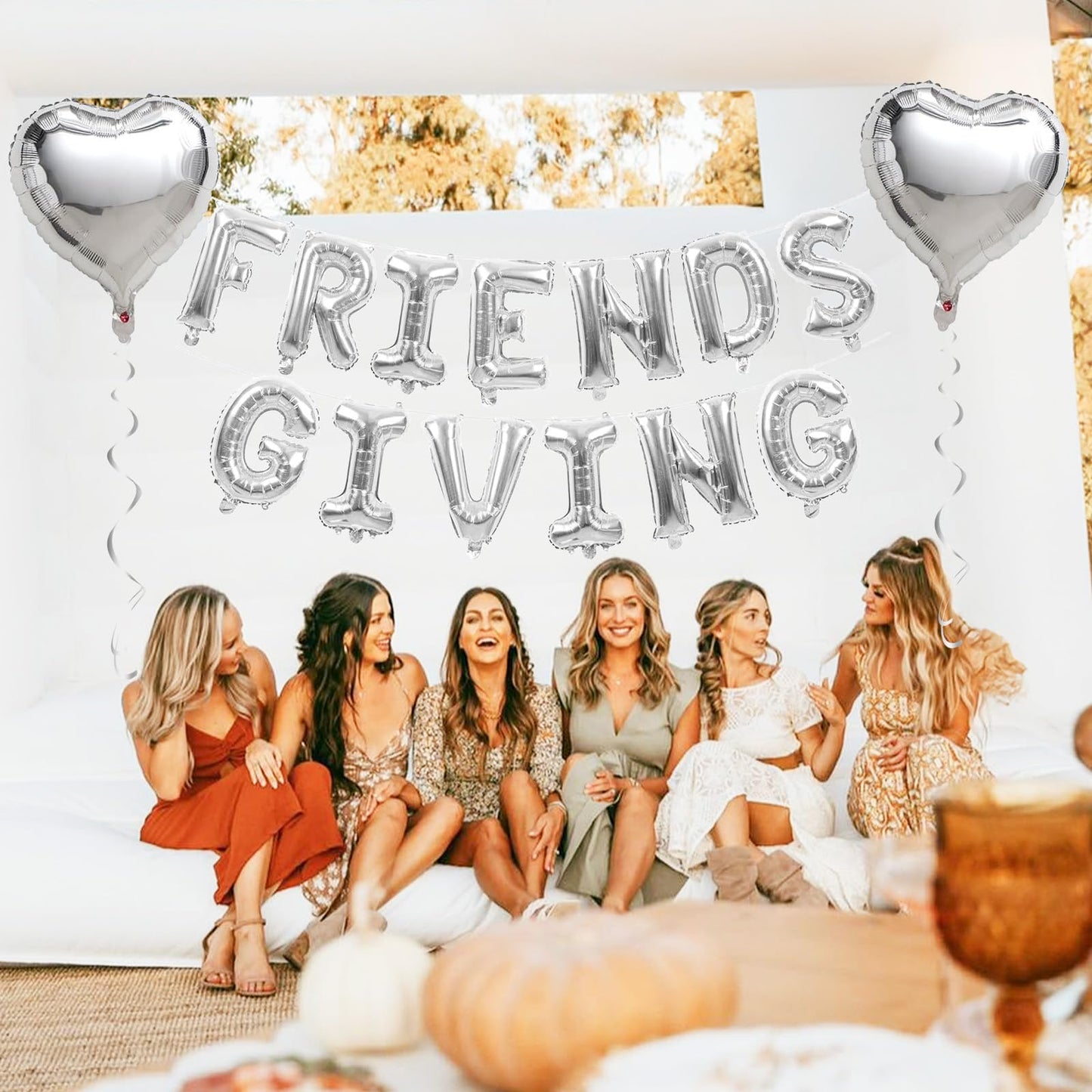 Jobkoo Friendsgiving Balloons Friends Giving Party Decorations 16 Inches Tall Silver Heart Friendsgiving Foil Mylar Balloon Lett