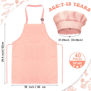 40 Pcs Kids Apron Chef Hat Set Boys Girls Aprons Chef Apron Hats Bulk for Cooking Painting Children's Bib Apron 7-13 Years (Mixe