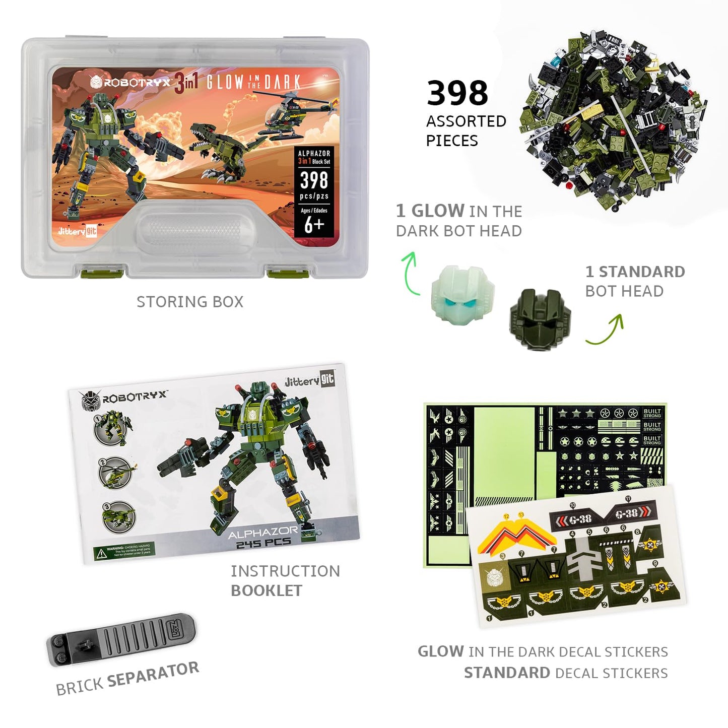 Jitterygit Robot Army Buildable Mech Soldier Glow In The Dark Gift Toy Set, Helicopter Military Creative Stem Project, Dinosaur Building Bricks Kit For Kids Ages 6-11 Years Old