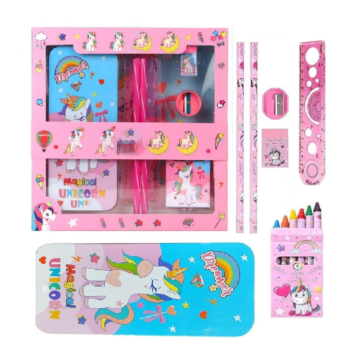 Magical Unicorn Stationery Gift For Kids Unicorn Pencil Pouch Pencil Case For Girls Metal Geometry Box With Cryons, Pencil, Eras