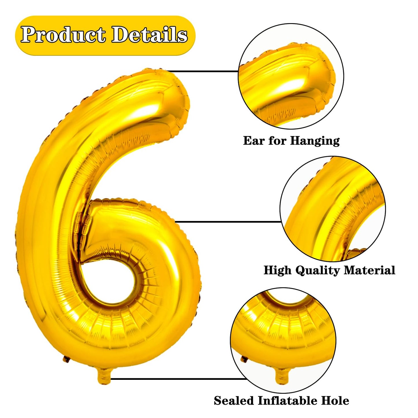 Pigetale Gold Number 6 Balloon 40 Inch, 6Th Birthday Balloon Digit Helium Balloons 0-9 For Boy Girl, 16 26 60 61 65 Foil Mylar B