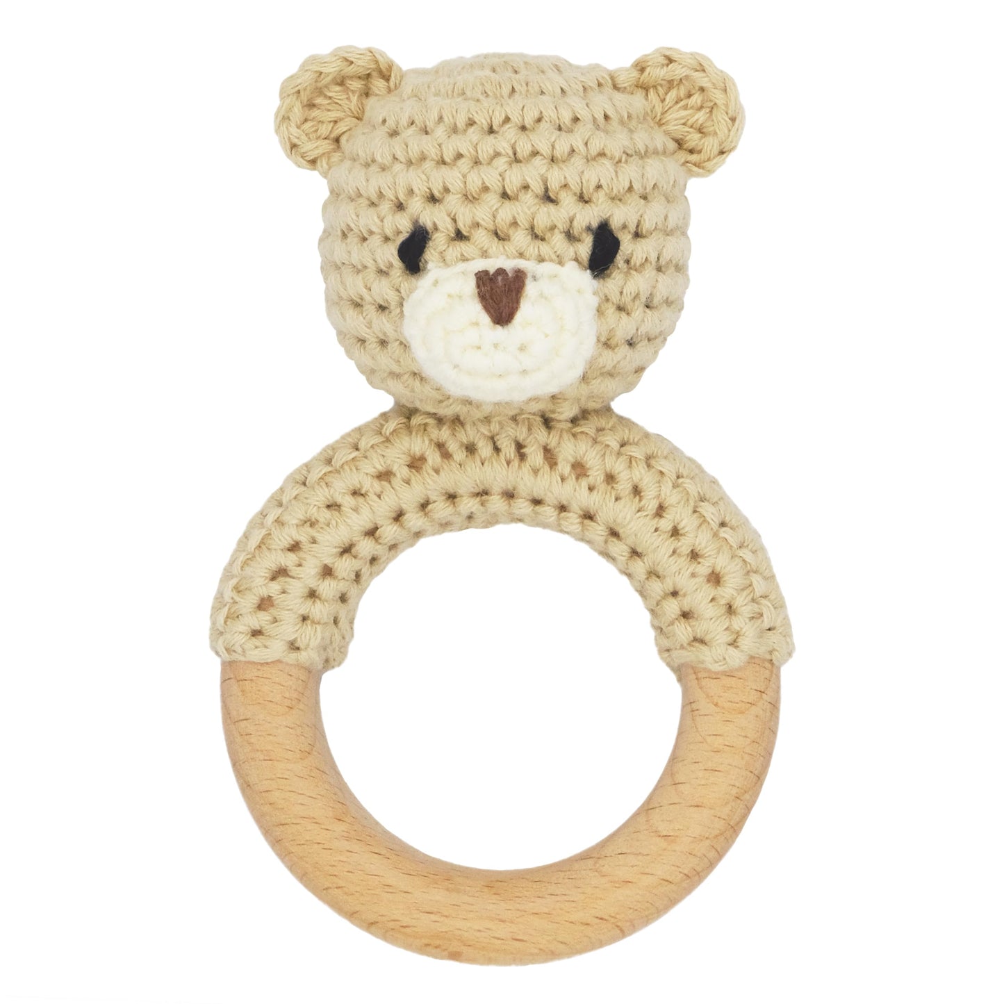 Joliecraft Safari Animals Wooden Baby Rattle Toys Stuffed Crochet Rattle With Teether Ring For Newborn, Beige Bear