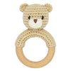 Joliecraft Safari Animals Wooden Baby Rattle Toys Stuffed Crochet Rattle With Teether Ring For Newborn, Beige Bear