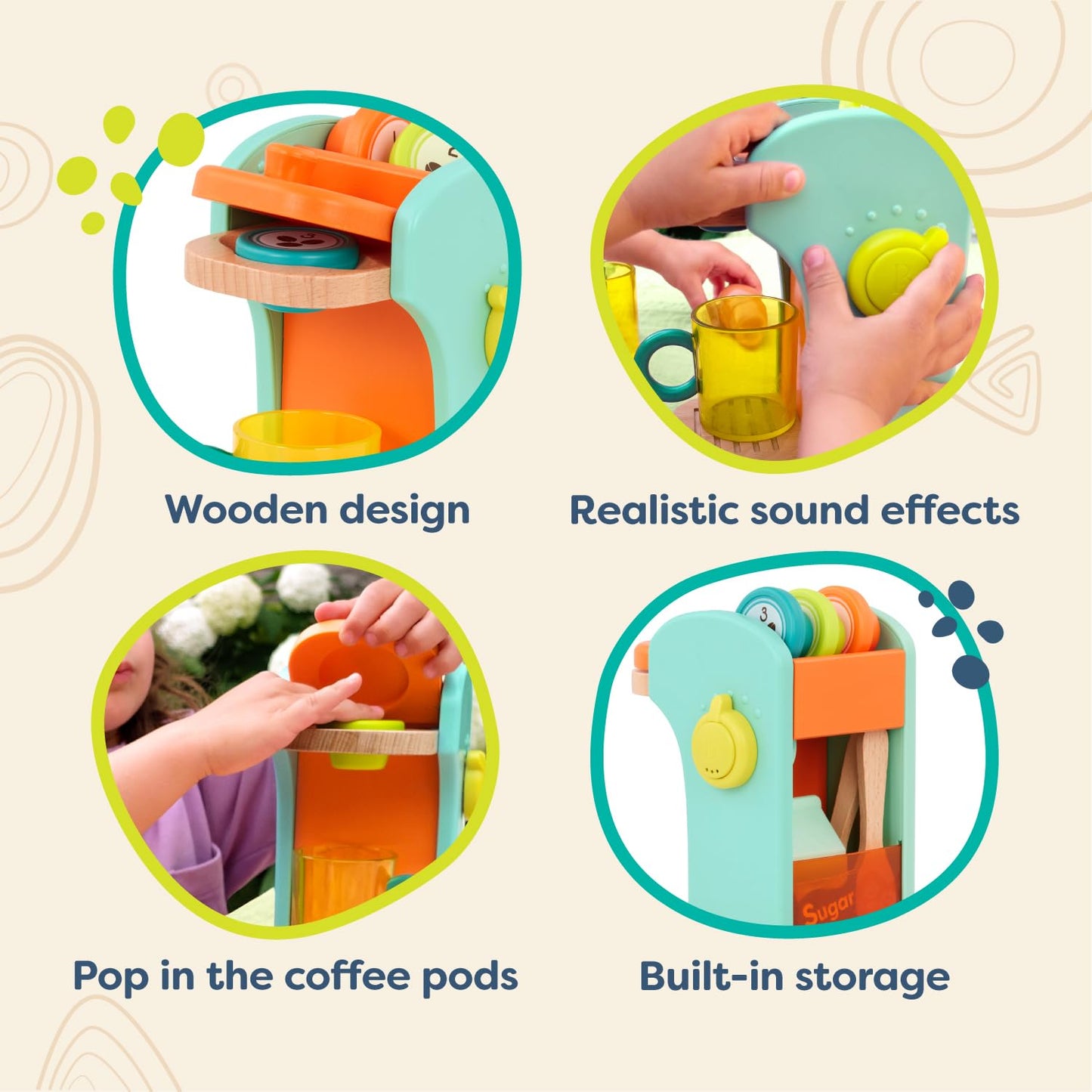 B. toys- Caf au Play- Pretend Play Wooden Coffee Maker for Kids- Wooden Coffee Machine Set - 10 Pretend Play Accessories - Kit