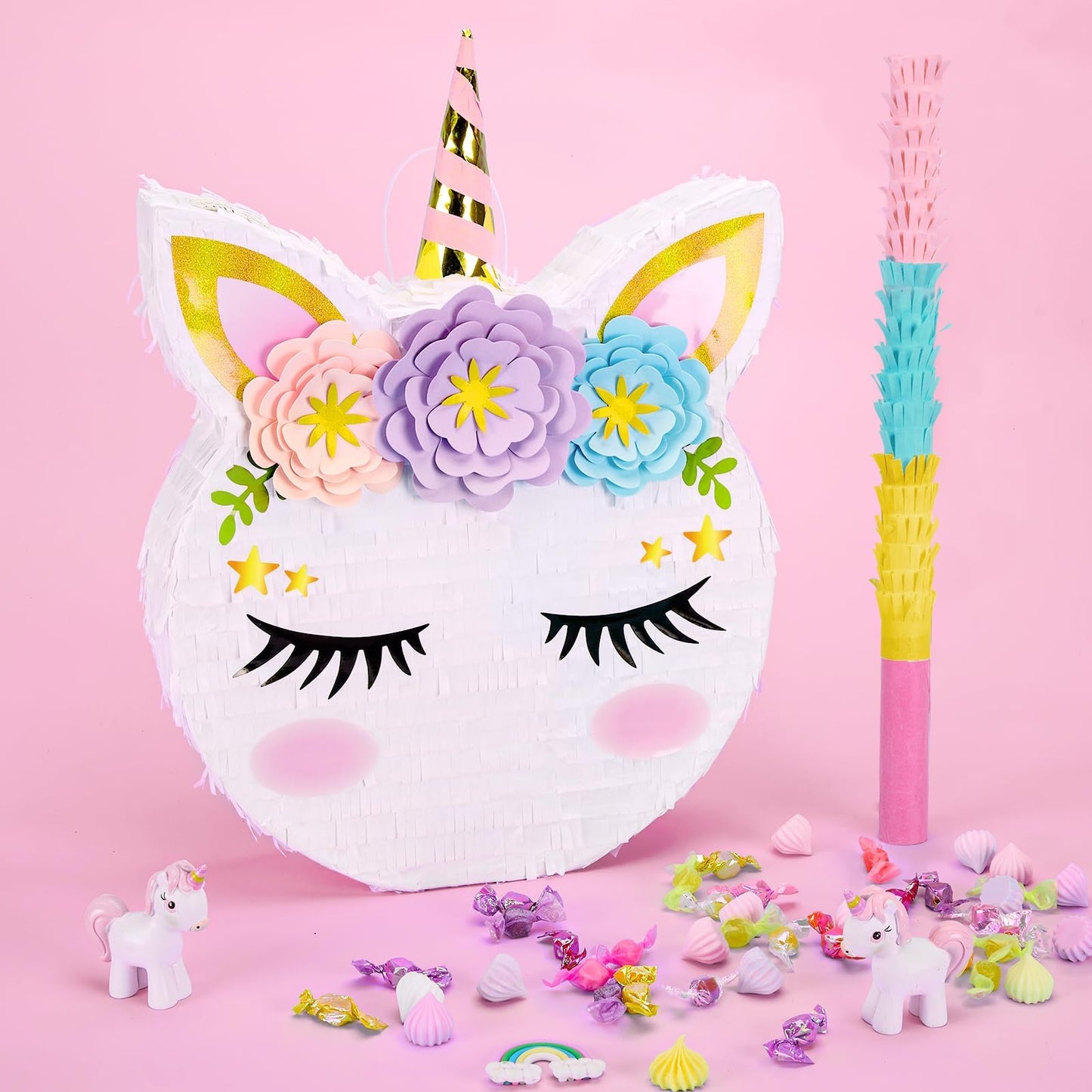 WERNNSAI Unicorn Piñata - Paper Party Supplies for Kids Birthday, 15.7'' x 12.2'', White, Includes Stick & Blindfold