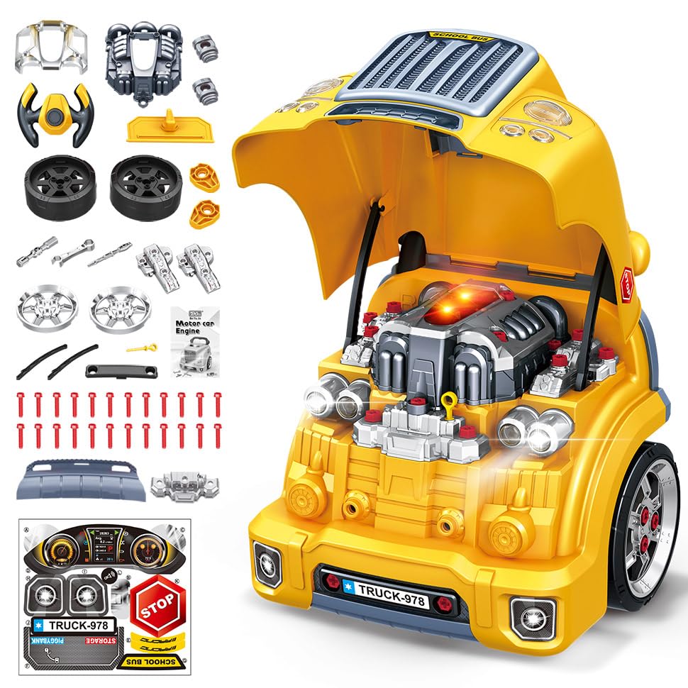 POFJOEQ Interactive Truck Engine Toy with Removable Parts - Lights, Sounds, and Fun for Young Mechanics -Unleash Their Creativit
