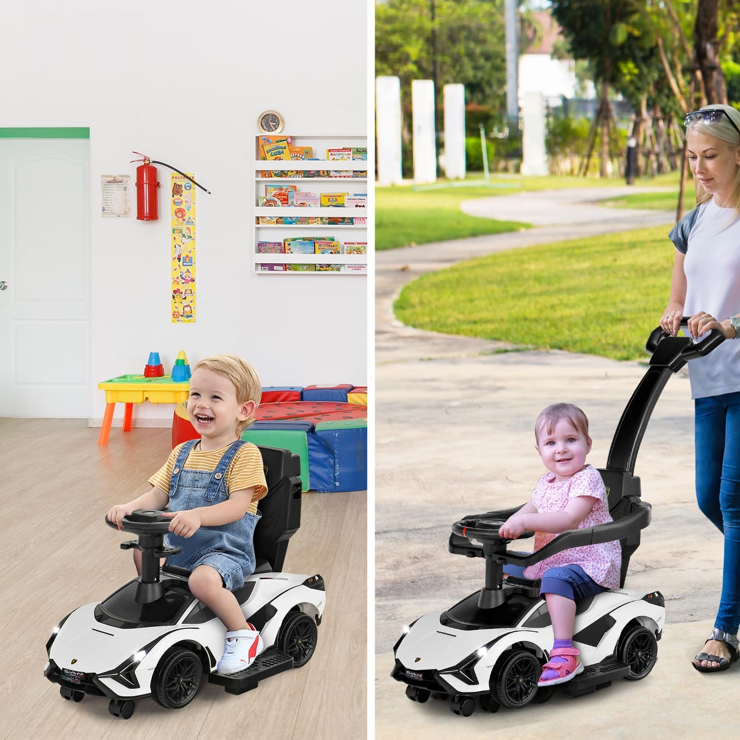 INFANS 3 in 1 Lamborghini Ride-On Push Car, White, Polypropylene, Model QLS-996, Music, USB, Headlight, Under Seat Storage for Kids 18-60 Months