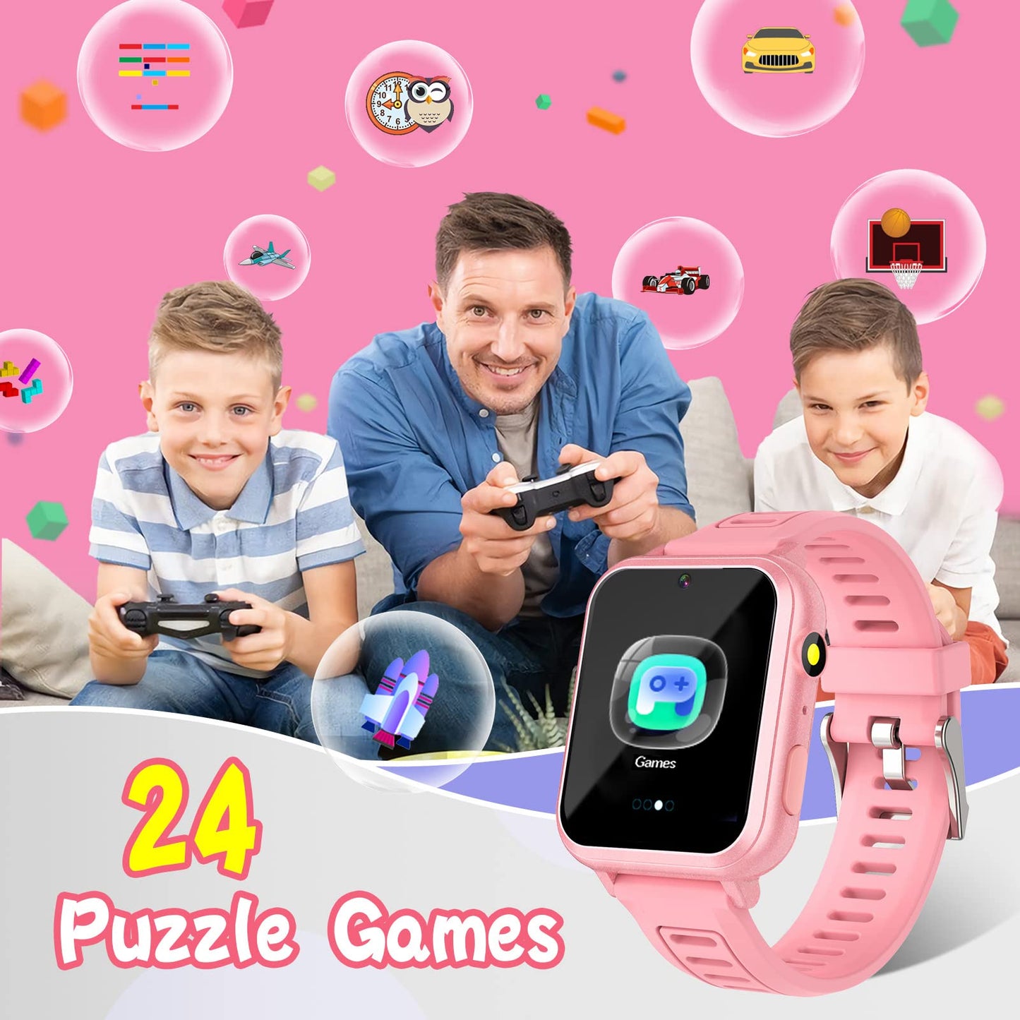 Sedzofan Smart Watch For Kids, Gift For Girls Age 6-12, 24 Puzzle Games Hd Touchscreen Kids Watches With Mp3 Music Video Pedometer Flashlight 12/24 Hr Educational Toys For 8 10 12 Year Old Girl
