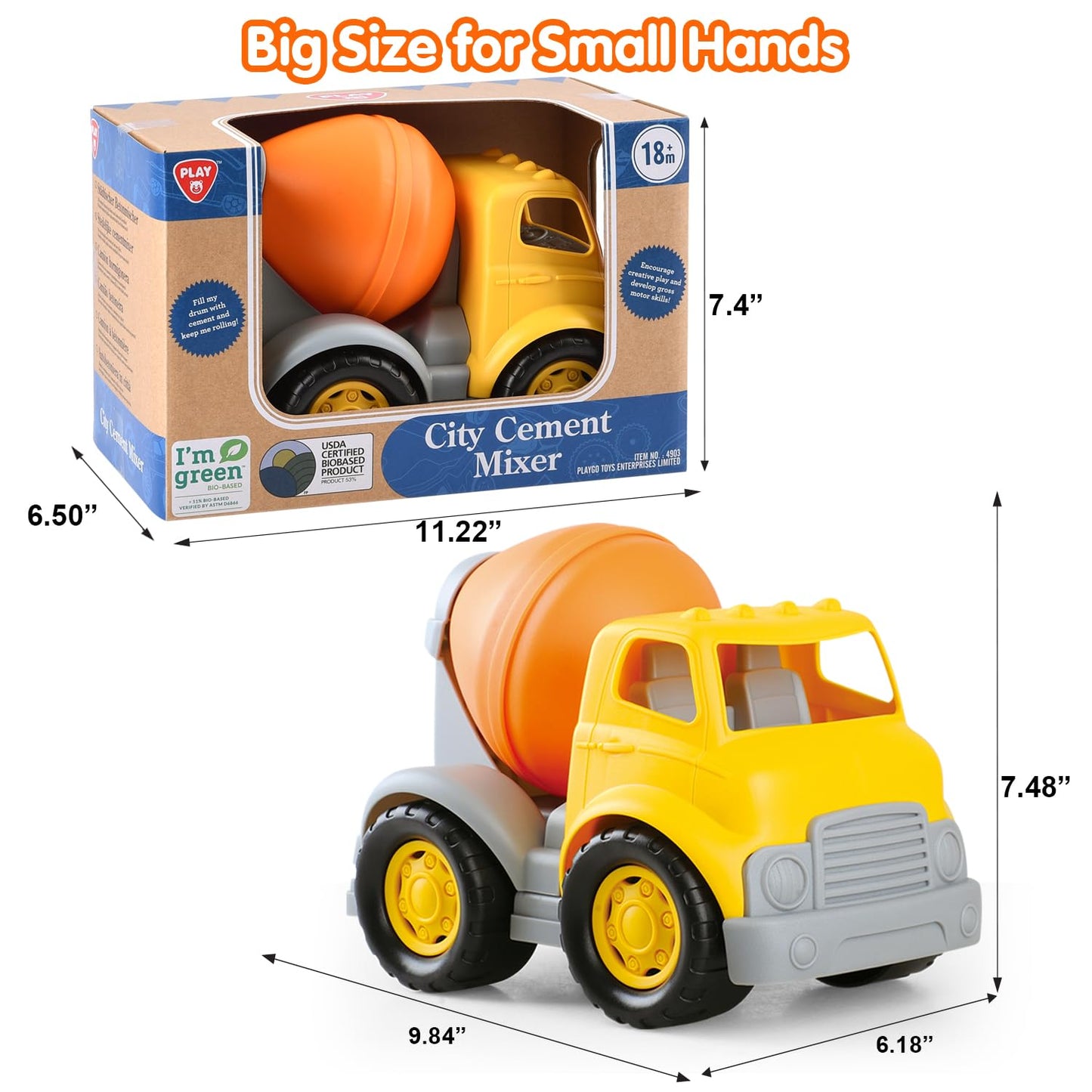PLAY Eco-Friendly Cement Mixer Toy Truck - Recycled Bioplastic, BPA-Free, Yellow & Orange, Fine Motor Skills Gift for Kids