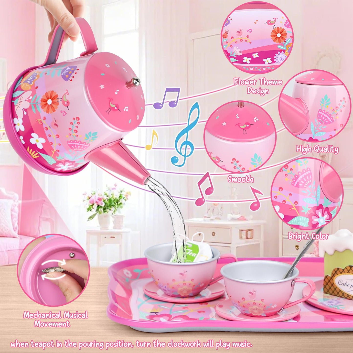 Tea Party Set for Toddles 3-5,PRE-WORLD Musical Kids Tea Set for Little Girls with Dessert,Cookies,Doughnut,Cake,Cake Stand,Tabl