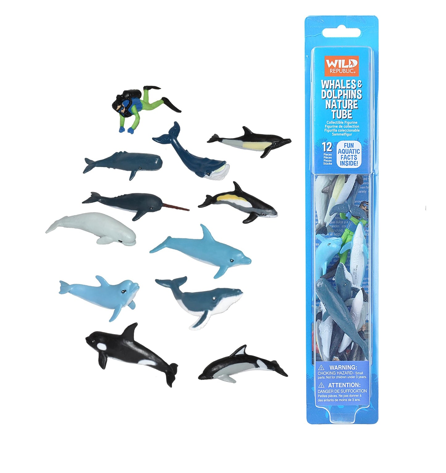 Wild Republic Whales And Dolphins Tube, Bottlenose, Spotted, White-Sided Dolphins, Narwhal, Orca, Beluga, Humpback, Gray, Sperm Whales And Diver