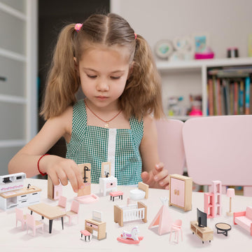 Giant Bean Wooden Dollhouse Furniture Set, 32pcs, Pink, Small, Model 20025 - Perfect Pretend Play Gift for Kids 3+