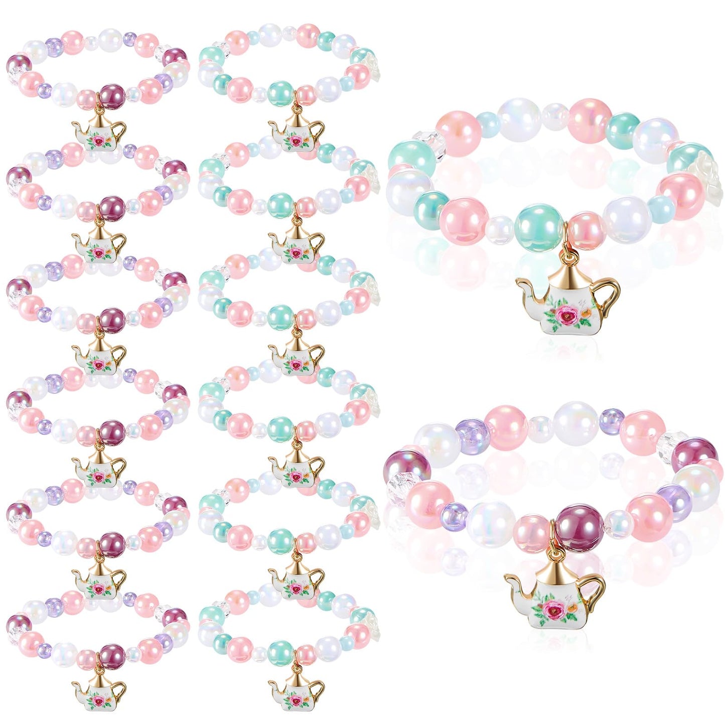 Ecally 6 Pcs Tea Party Favors Bracelet Bulk Mini Flower Tea Pot Beaded Bracelet Gift Party Supplies Pot Pendant Accessories Deco