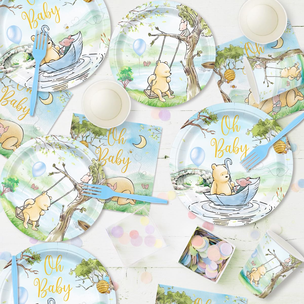 120pcs Winnie Plates Baby Shower Pooh Napkins Classic Bear Baby Shower Decorations Paper Cups Forks Oh Baby Disposable Tableware