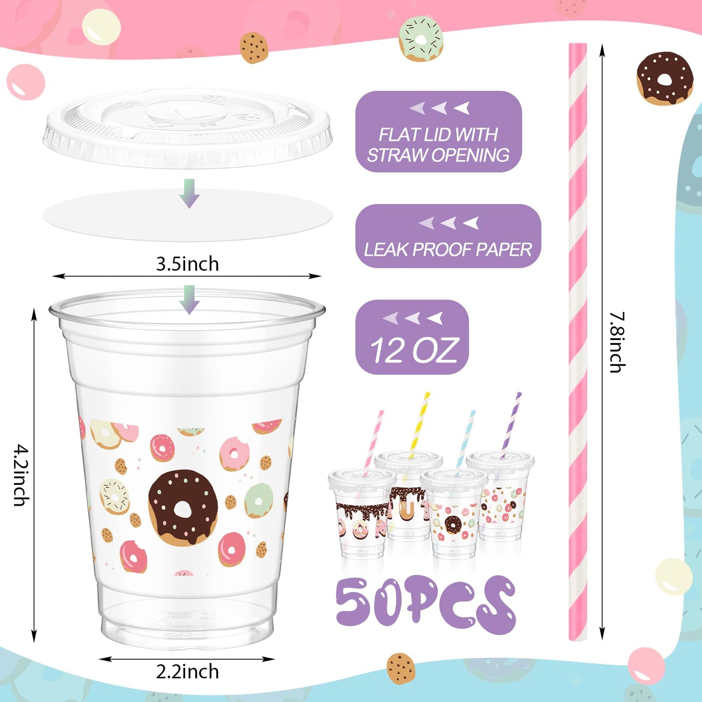 Foldtier 50 Pcs Donut Birthday Party Plastic Cup 12 Oz Cold Drinks Cups Doughnut Thick Clear Cup Disposable Cups With Lids For I
