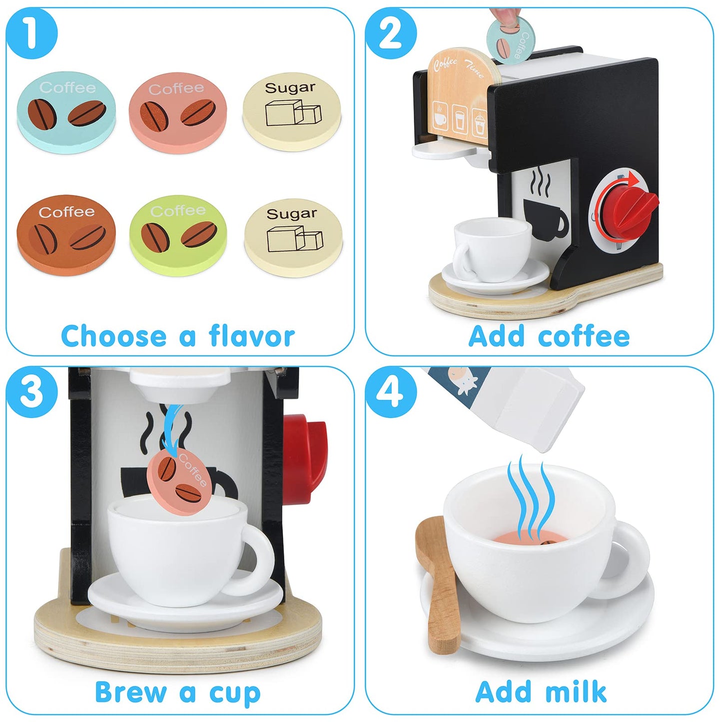 Play Kitchen Accessories Kids Wooden Coffee Maker Toy Espresso Machine Toddler Toy Kitchen Sets for Girls and Boys (Coffee Maker