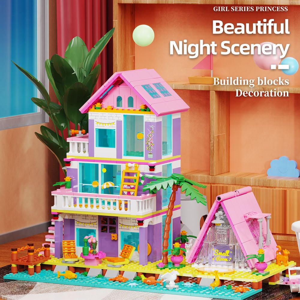 Girl Beach House Building Blocks Toys For Girls Age 8+, Seaside Villa Friends Building Set With Light, 791Pcs Mini Bricks