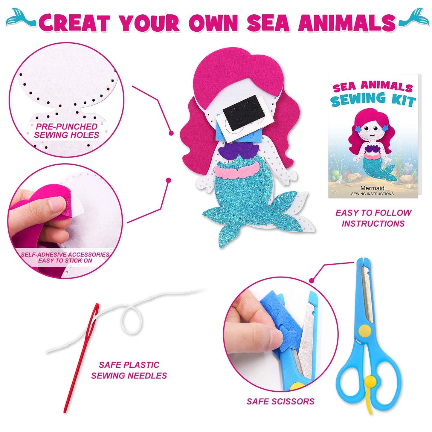 Ciyvolyeen Sea Animals Sewing Kit Mermaid Diy Felt Plush Craft Kit Make Your Own Ocean Animals Gifts For Beginner Boys And Girls Educational Kids Art Craft Supplies Set Of 12