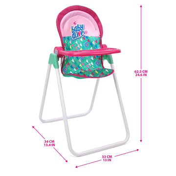 Baby Alive: Doll Highchair Set - Green, Pink, Hearts - For Dolls Up To 24'', 5 Matching Feeding Accessories, Rotating Seat, Fold