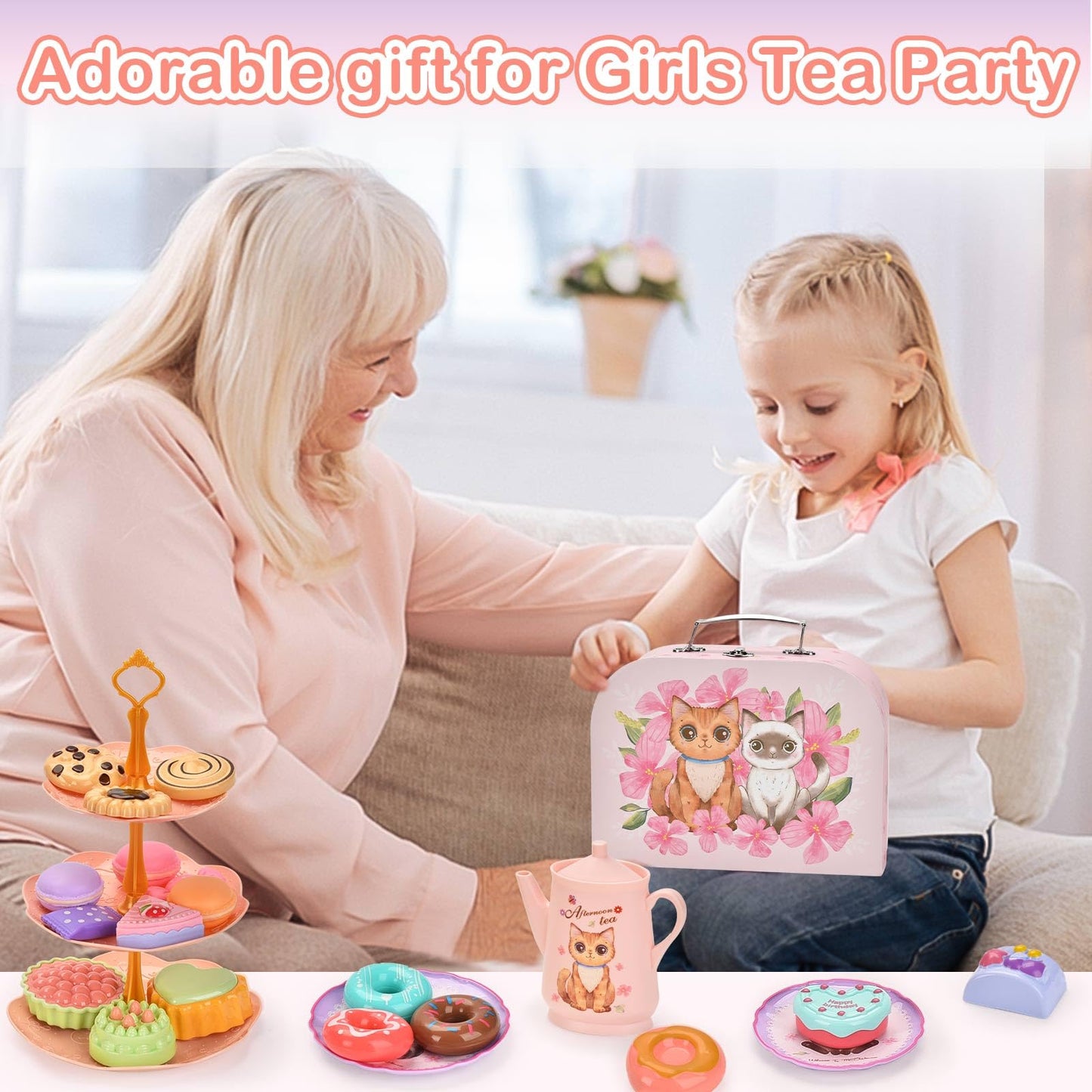 Lajeje Toddler Toys Tea Party Set for Little Girls - 44 pcs Pretend Plastic Teapot Set, Princess Tea Time Play Kitchen Toy with