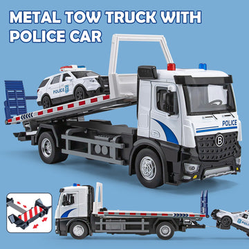 HAPYAD Police Tow Truck Toy Metal Cab, Flatbed Tow Truck Toys for Boys with Lights and Siren Sounds, Friction Powered Police Car
