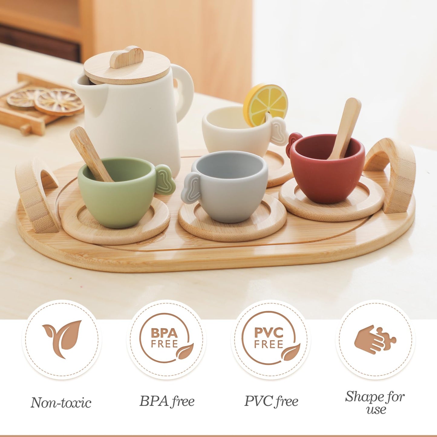 Tea Party Set for Little Girls,Wooden Tea Set,Princess Tea Time Sets for Kids Best Gifts for Toddler with Silicone Teapot Cups W