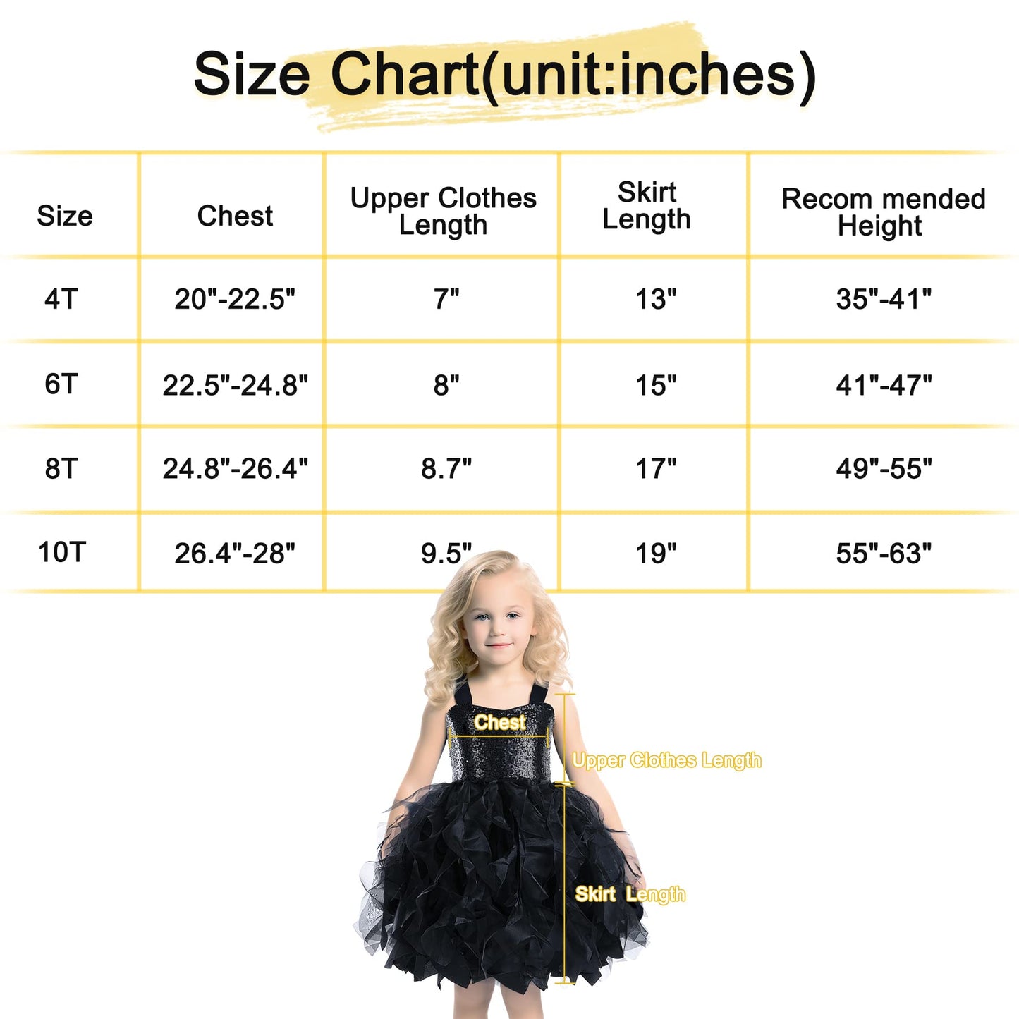 Besutolife Black Tutu Dress For Girls - Sequin Princess Party Wedding Dress - Size 8T