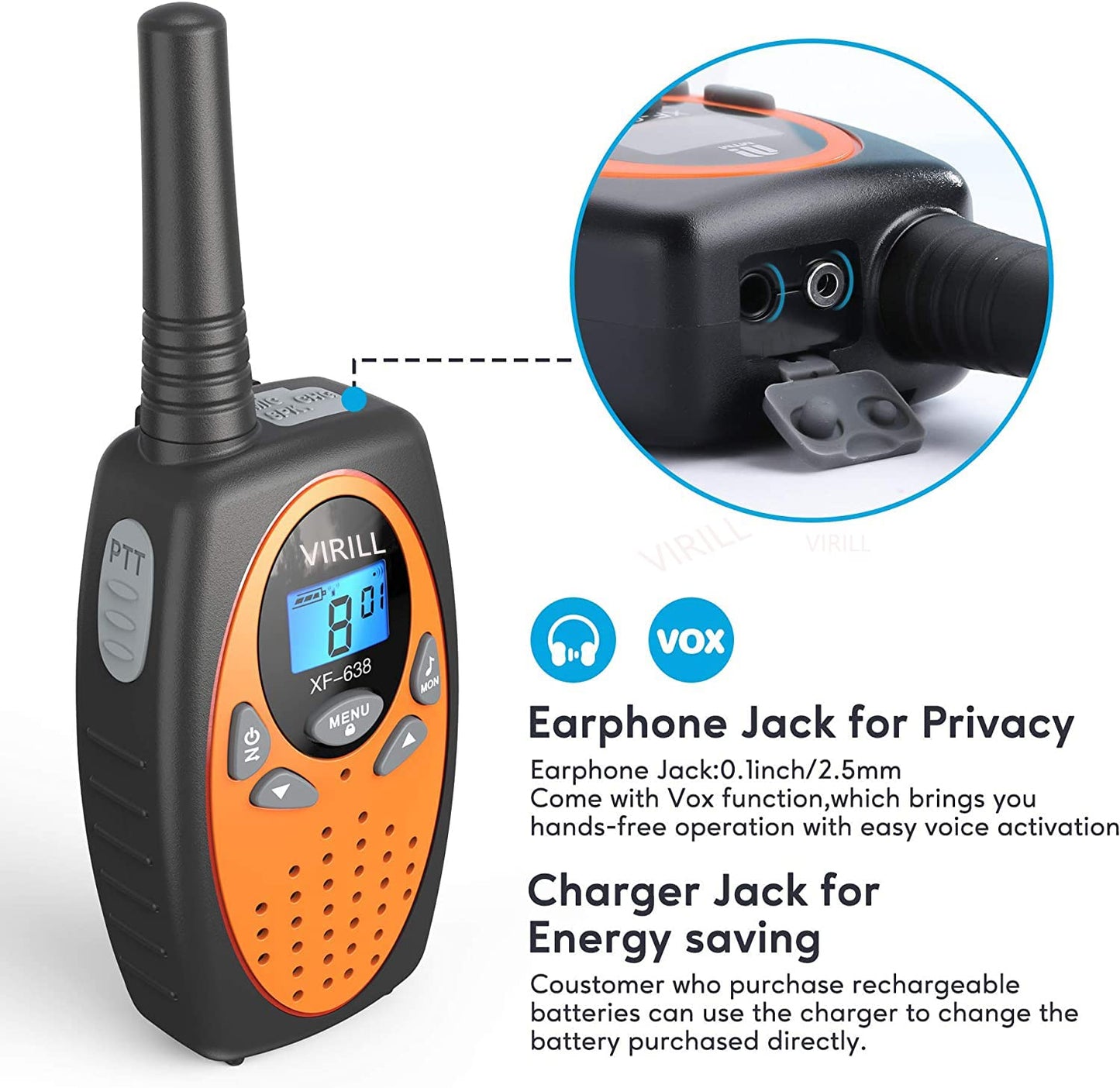 Virill Walkie Talkies 4 Pack Two Way Radios 22 Channels Vox Scan Long Distance Range With Backlit Lcd Scree For Indoor Outdoor Camping Hiking And Adventure(Orange)