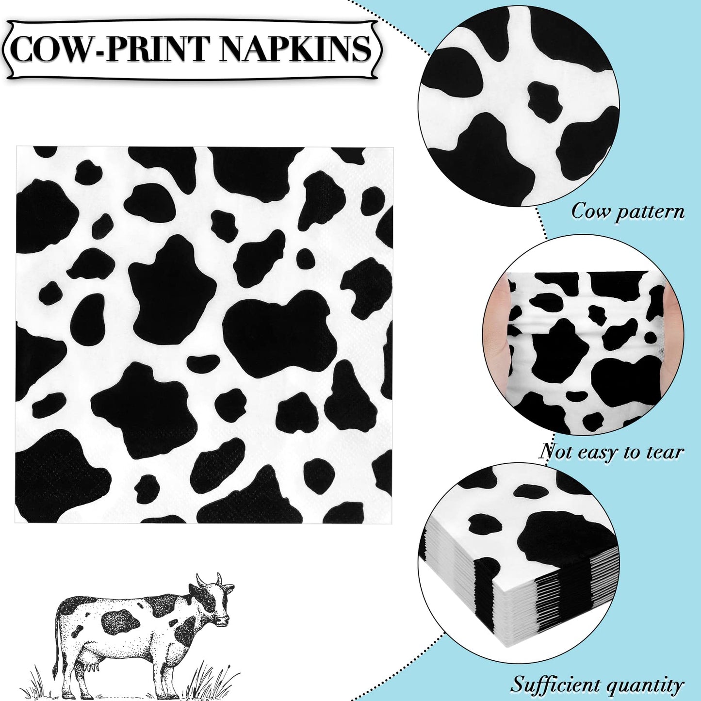 Durony 72 Pack Cow Party Napkins Cow Print Animal Cloth Napkin 3-Layers Farm Animal Party Napkins For Cow Print Birthday Tablewa