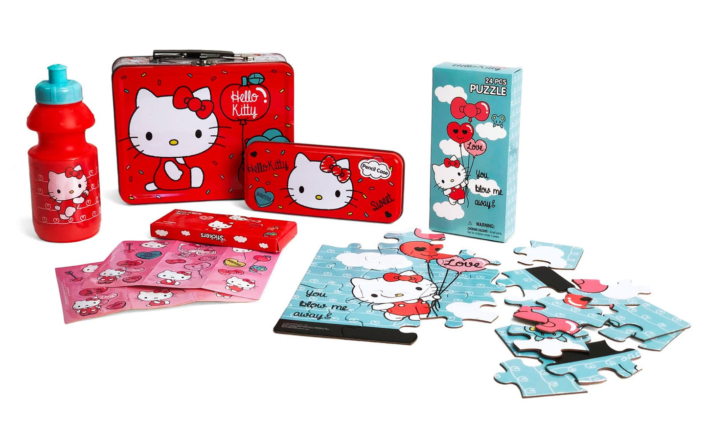 Hello Kitty Gift Set- Hello Kitty Lunch Tin Box, Water Bottle, Puzzle, Stickers, And Pencil Case.