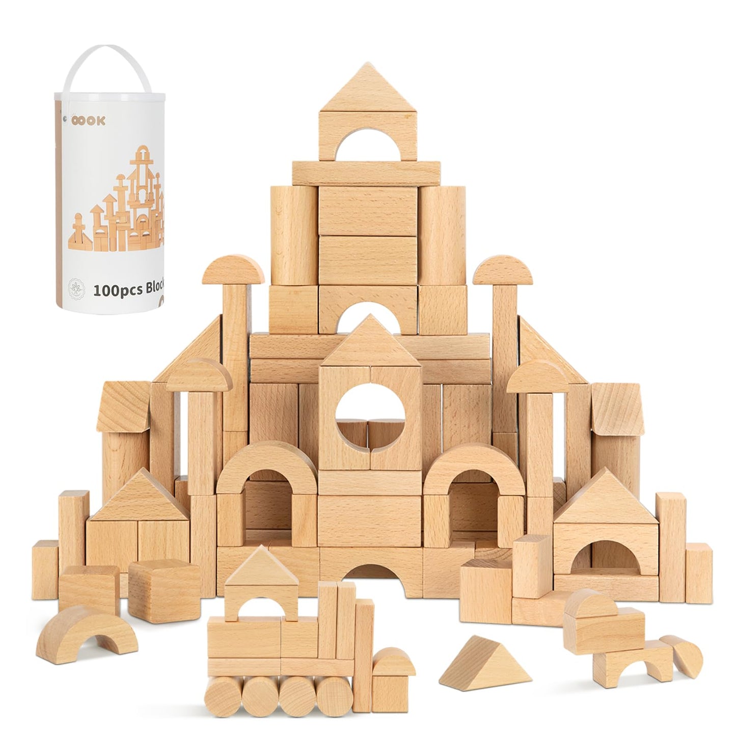 Oook Natural Beech Wood Building Blocks For Toddlers 1-3, 100Pcs Kids Wooden Blocks With Storage Bucket And Shape Sorter Lid, Pr