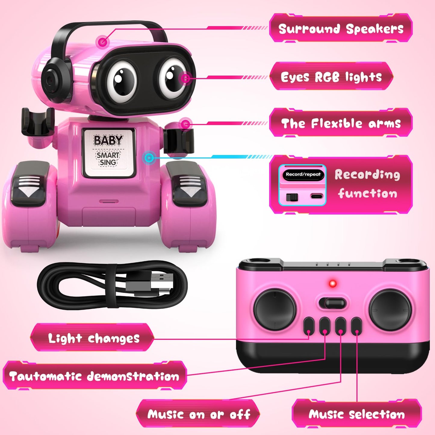 beefunni Smart Robot Toys for Girls 4-10,with LED Eyes, Auto-Demo, Rechargeable,Recording, Music -Perfect Christmas Birthday Gif