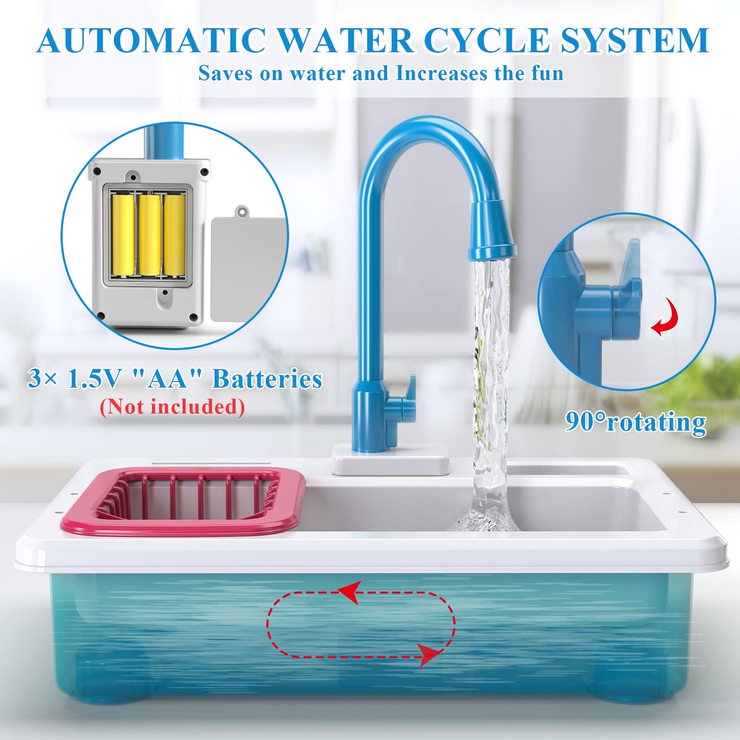 Smartchef Play Kitchen Sink Toys, Blue Electric Dishwasher Playing Toy With Running Water, Play Food & Tableware Accessories, Ki