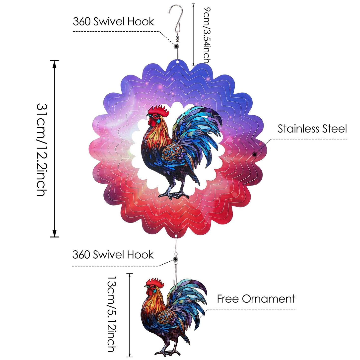 Rooster Hanging Wind Spinner Outdoor - 12 Inches Stainless Steel Wind Sculpture Aesthetic Wind Chime Chicken Farmhouse Art Ornam