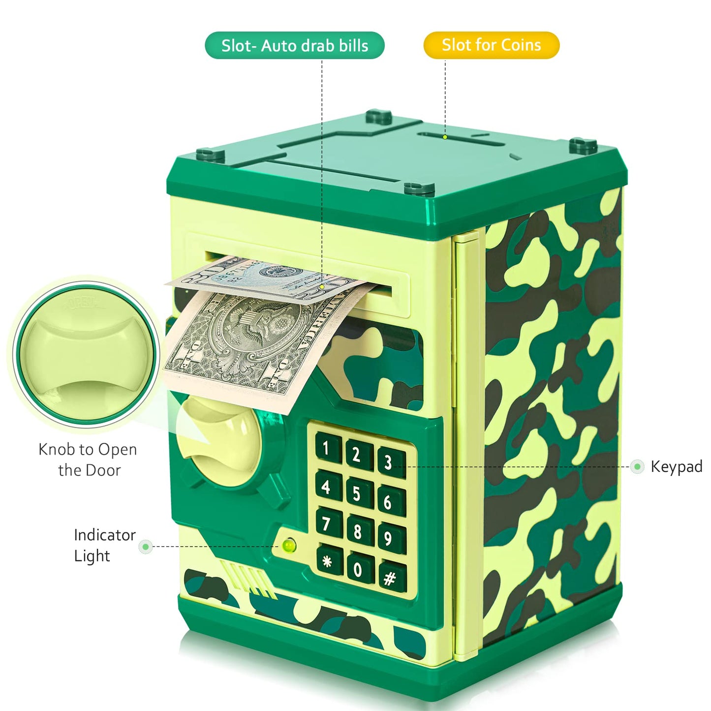 Atm Piggy Bank For Boys Girls, Vcertcpl Mini Atm Coin Bank Money Saving Box With Password, Kids Safe Money Jar For Adults With Auto Grab Bill Slot, Great Gift Toy Bank For Kids(Camouflage Green)