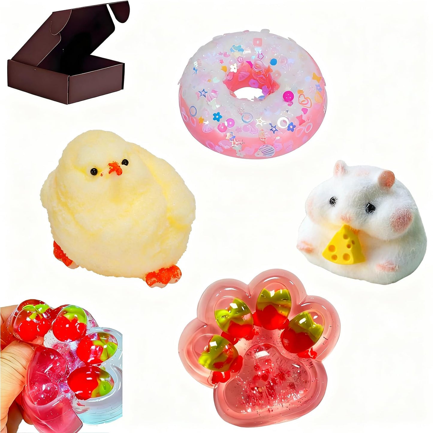 4Pcs Taba Squishy Squeeze Toys, Cute Soft Chicks Paw Donuts Squishy Toys, Stress Relief Squishies for Party Favors, Perfect for